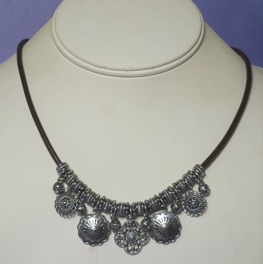👍5 For $20 Chaps Silver Tone Charm Brown Cord Necklace